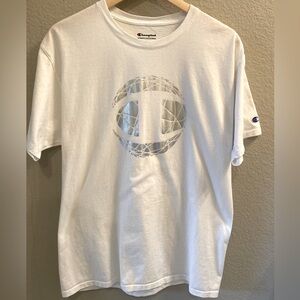 Champion tshirt, white with silver foil sphere, size large; great condition